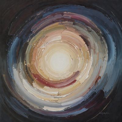 The primary subject of the image is a large, colorful circle. The circle is the main focus of the image, and it appears to be a painting or a piece of art. The setting is a dark background, which contrasts with the vibrant colors of the circle. The visual style of the image is artistic, and it is not a photo or a digital art piece. The colors and mood of the image are lively and energetic, with the circle being the central point of interest.